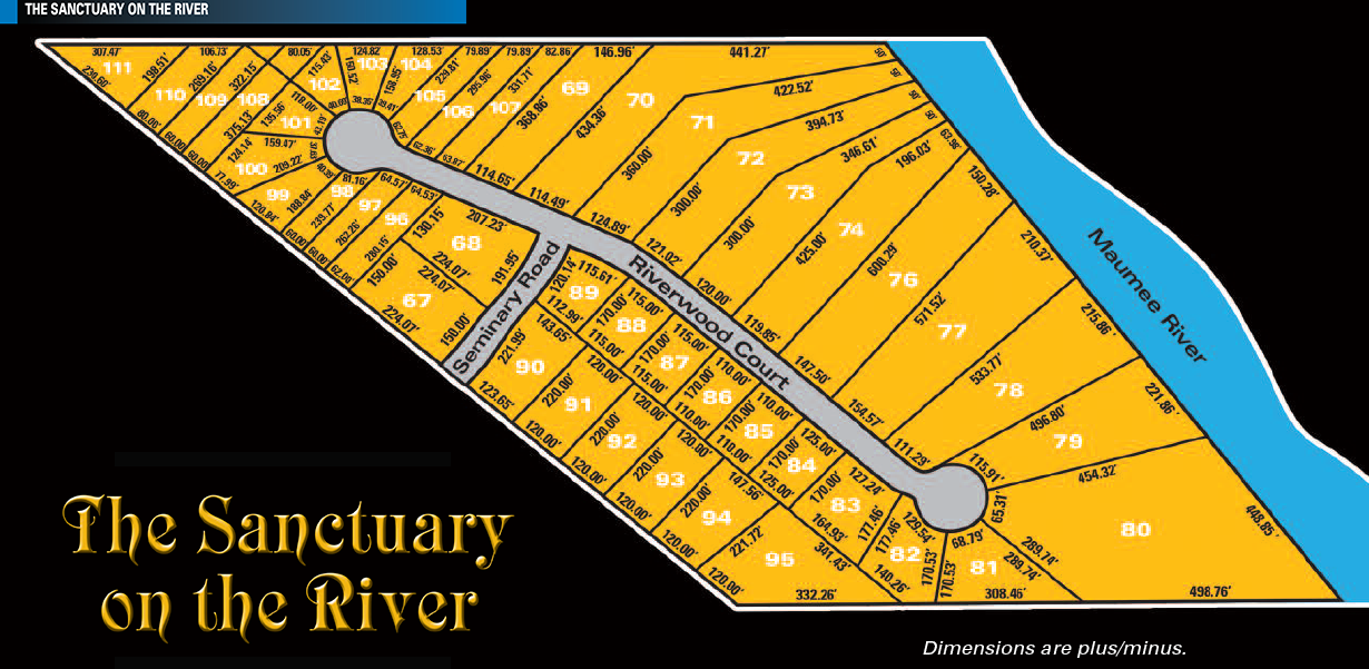 Sanctuary on the River, Perrysburg, Ohio new home community, new homesite plat map. Available new home construction land for sale in Perrysburg, Ohio
